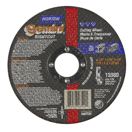 Norton Co Right Angle Cut-Off Blade Type 1 Metal-Gemini Aluminum Oxide, 4-1/2 x 3/32 x 7/8, Max RPM: 13580 662528-23599